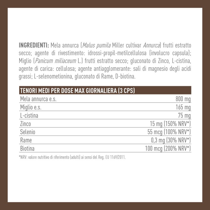 MELANNUR-KAP: contenuti medi e ingredienti per dose giornaliera. Integratore capelli naturale - ScegliNatura
